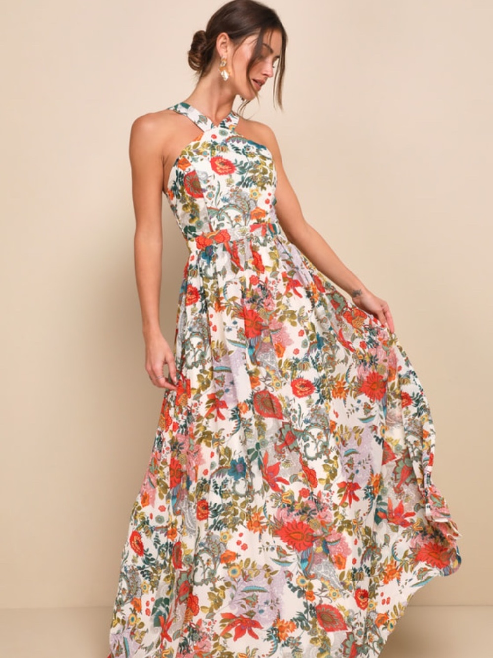 Lulus Lilja Cream Floral Print Maxi Dress Beige - Size M